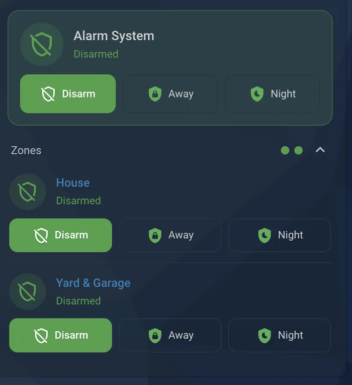 A Home Assistant card for controlling a two-partition alarm system